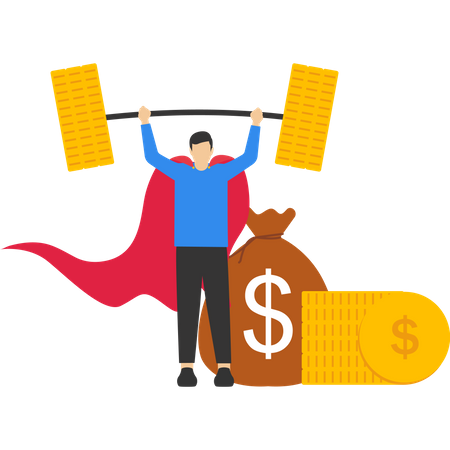 Confident businessman superhero holding up big money coins.  Illustration