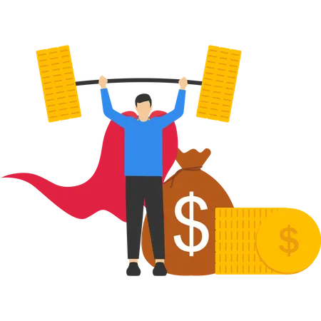 Confident businessman superhero holding up big money coins.  Illustration