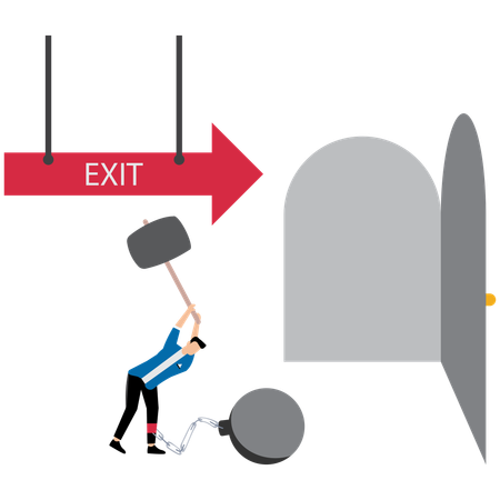 Confident businessman use hammer to break heavy metal ball burden  Illustration