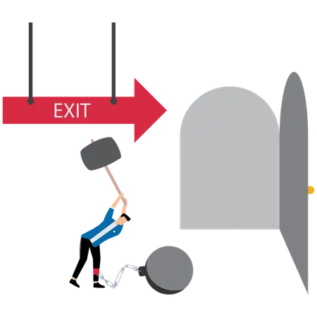 Confident businessman use hammer to break heavy metal ball burden  Illustration