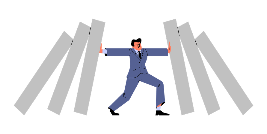 Confident businessman use hand to stop domino fall  Illustration