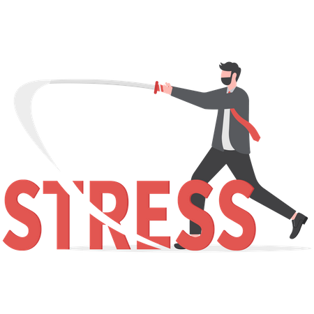 Confident businessman uses sword to fight stress  Illustration