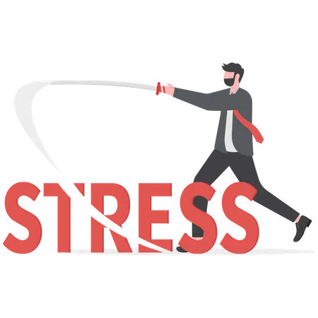 Confident businessman uses sword to fight stress  Illustration