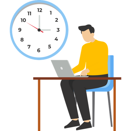 Confident businessman using laptop computer sitting at work hours at night  Illustration