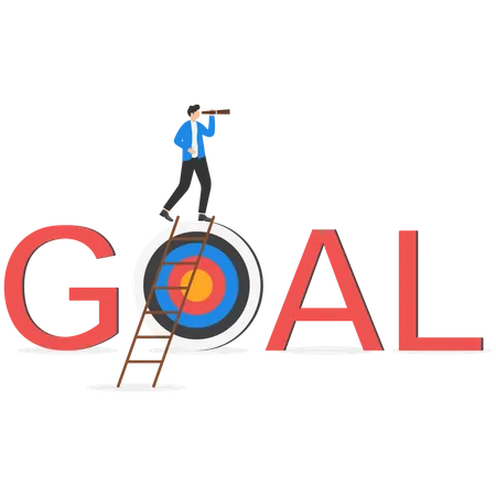 Business Target Or Future Vision Business Opportunity Or Challenge Ahead Target To Achieve More Goal And Success Confidence Businessman With Telescope Climb Up Ladder On Goal Illustration