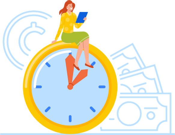 Confident Businesswoman Sitting on Clock with Tablet Illustration