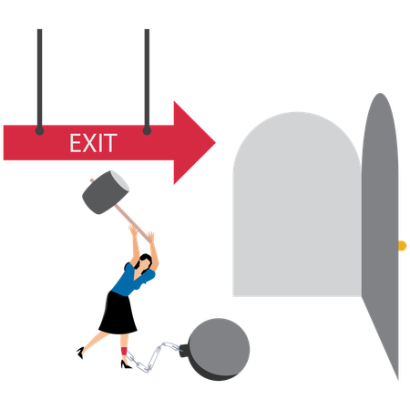 Confident businesswoman use hammer to break heavy metal ball burden  Illustration