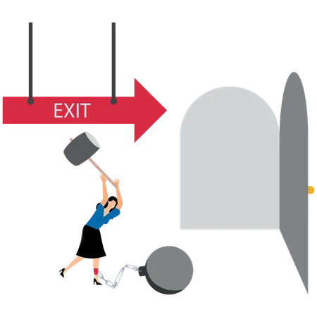 Confident businesswoman use hammer to break heavy metal ball burden  Illustration