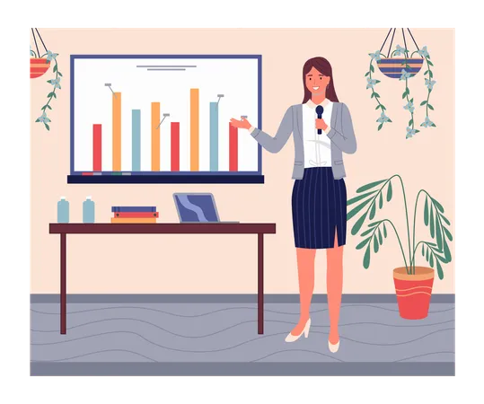 Confident businesswoman with microphone show presentation with graphics analytic at digital board  Illustration