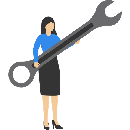 Confident Businesswomen Holding Big Wrench Repair Or Renewal Perform Maintenance And Technical Support Concept Modern Flat Vector Illustration Illustration