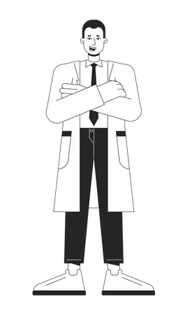 Confident Doctor In White Coat Flat Line Black White Vector Character Editable Isolated Outline Full Body Person Healthcare Simple Cartoon Style Spot Illustration For Web Graphic Design Animation Illustration