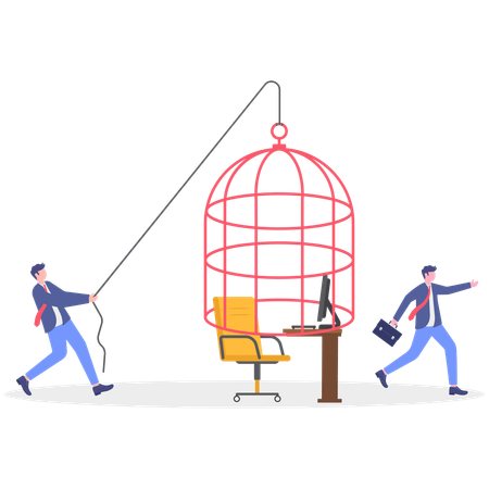 有害な作業台の鳥かごから脱出した自信のある起業家  イラスト