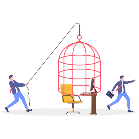 有害な作業台の鳥かごから脱出した自信のある起業家  イラスト