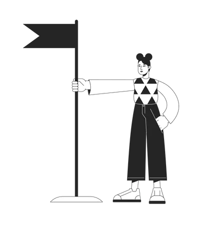 Confident Girl With Flag Monochromatic Flat Vector Character Linear Hand Drawn Sketch Editable Full Body Person Simple Black And White Spot Illustration For Web Graphic Design And Animation Illustration