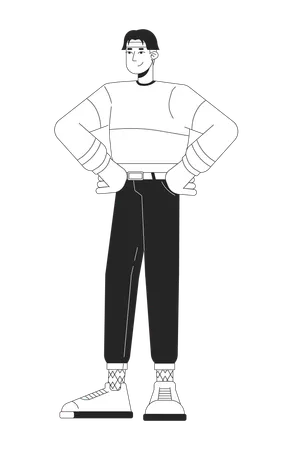 Confident Hands On Hips Korean Guy Black And White 2 D Line Cartoon Character Casual 80 S Outfit Asian Man Posing Isolated Vector Outline Person Nostalgia Fashion Monochromatic Flat Spot Illustration Illustration