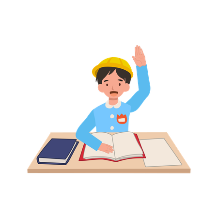 Confident kindergarten boy raising hand in japanese uniform answering questions in classroom  Illustration