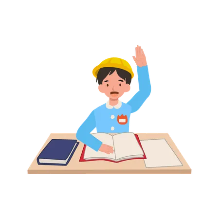 Confident kindergarten boy raising hand in japanese uniform answering questions in classroom  Illustration