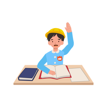 Confident kindergarten boy raising hand in japanese uniform answering questions in classroom  Illustration