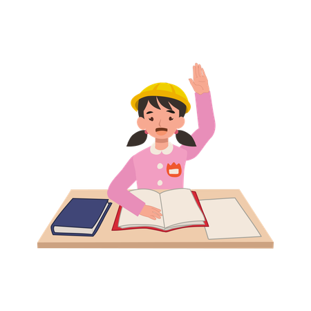 Confident kindergarten girl in japanese uniform raising hand in classroom answering questions  Illustration