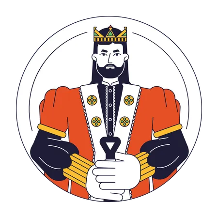 Confident King In Golden Crown Flat Line Color Vector Character Bearded Man Holding Sword Monarch Editable Outline Half Body Person On White Simple Cartoon Spot Illustration For Web Graphic Design Illustration