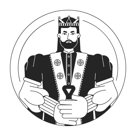 Confident King In Golden Crown Flat Line Black White Vector Character Bearded Man Holding Sword Editable Outline Half Body Person Simple Cartoon Isolated Spot Illustration For Web Graphic Design Illustration