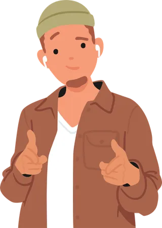 Confident Male Character in Hipster Clothes with Extended Index Fingers  Illustration