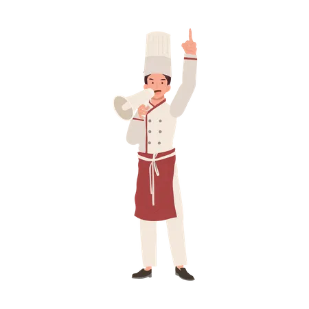Full Length Chef Illustration Confident Male Chef Holding Megaphone Professional Chef Announcing With Megaphone Flat Vector Cartoon Illustration Illustration