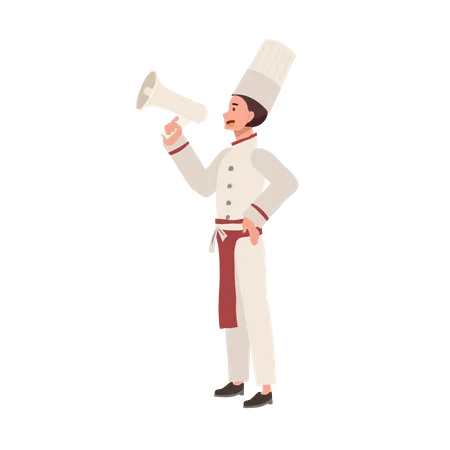 Full Length Chef Illustration Confident Male Chef Holding Megaphone Professional Chef Announcing With Megaphone Flat Vector Cartoon Illustration Illustration