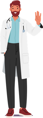 Confident Male Doctor Wear Lab Coat and Waving Hand Gesture  Illustration