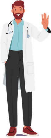 Confident Male Doctor Wear Lab Coat and Waving Hand Gesture  Illustration