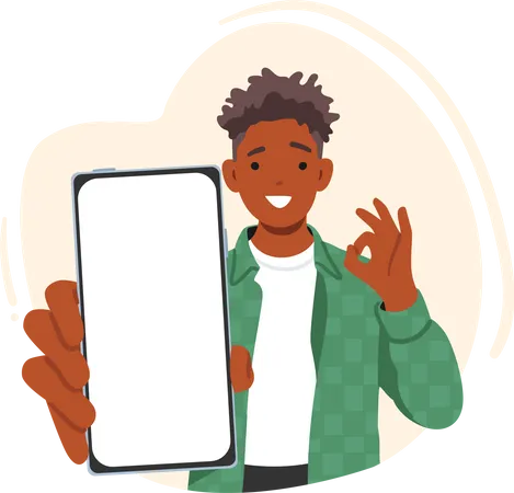 Confident Black Man Character Displaying Smartphone Screen Making An Ok Gesture Represents Technological Proficiency And Approval Emphasizing Positive Attitude Cartoon People Vector Illustration Illustration