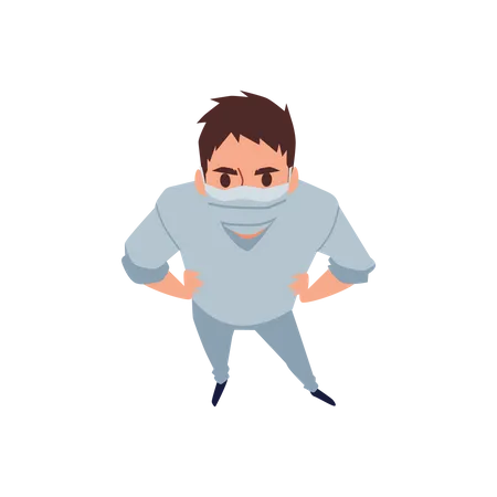 Top View Of Confident Man Cartoon Character In Medical Mask Standing Hands On Hips And Looking Up Illustration