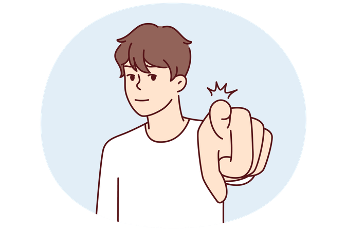 Confident man pointing finger at camera to press button on invisible screen  Illustration