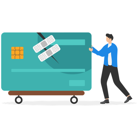 Confident man stands with a fixed and repaired credit card with bandage  Illustration