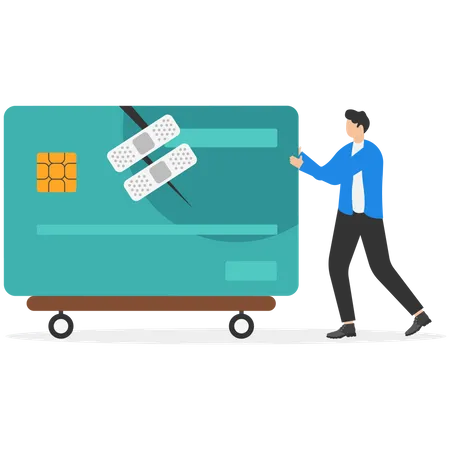 Confident man stands with a fixed and repaired credit card with bandage  Illustration