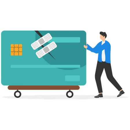 Confident man stands with a fixed and repaired credit card with bandage Illustration