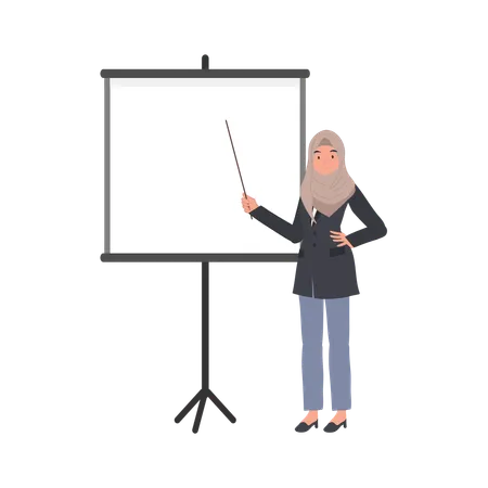 Confident Muslim Businesswoman Is Presenting Explaining Data In Whiteboard With Pointer Stick Illustration