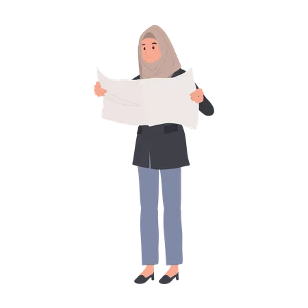 Confident Muslim Woman in hijab Reading Newspaper  Illustration