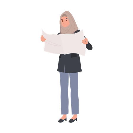 Confident Muslim Woman in hijab Reading Newspaper  일러스트레이션