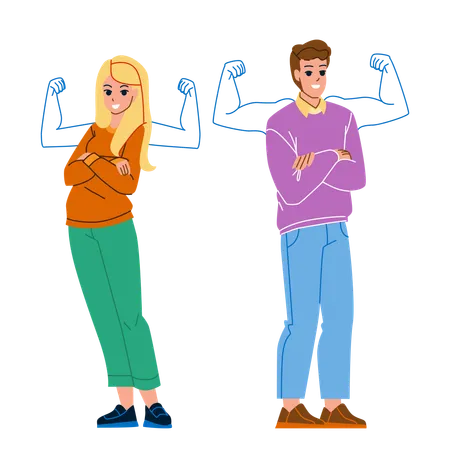 Self Confident Man And Woman Feeling Power Vector Self Confident Businessman And Businesswoman Feel Strong Muscle Characters Motivation And Strength Flat Cartoon Illustration Illustration