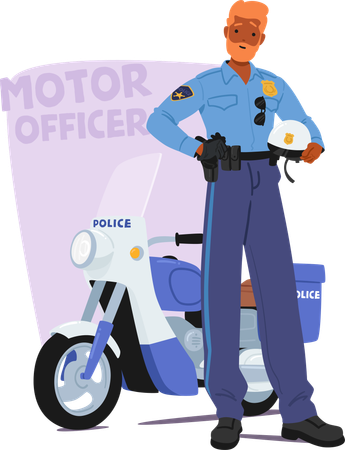 Confident Police Officer Stands Next To Police Motorcycle  Illustration