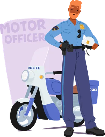 Confident Police Officer Stands Next To Police Motorcycle  Illustration