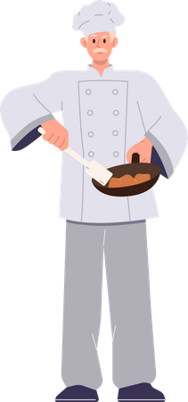 Confident senior chef in uniform cooking meat on frying pan  Illustration