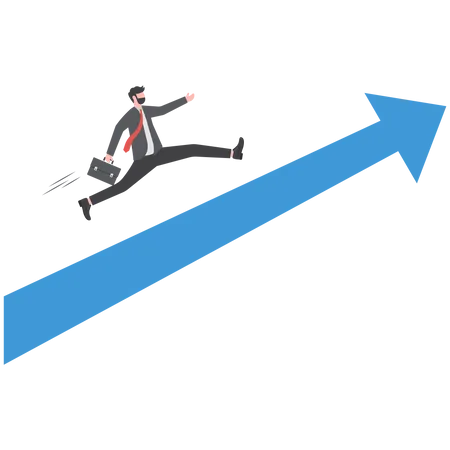 Improvement In Work Career Path To Grow Achievement And Success In Job Or Leadership To Win Business Concept Confident Smart Businessman In Suit With Briefcase Running On Rising Arrow To The Sky Illustration