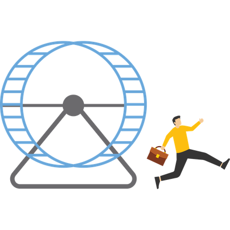 Confident smart businessman running from opening exit door from trapped rat race wheel.  Illustration