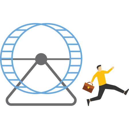 Confident smart businessman running from opening exit door from trapped rat race wheel.  Illustration