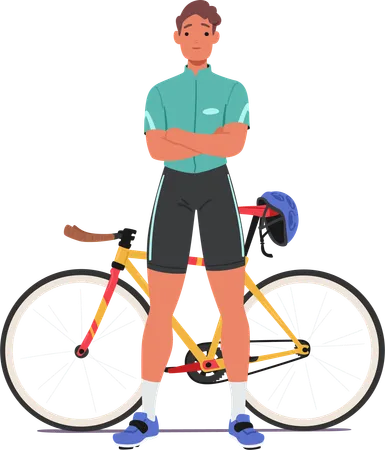 Confident Sportsman Cyclist Character Stands With Arms Crossed Exuding Determination Beside His Sleek Bike Ready To Conquer Challenging Terrains With Unwavering Focus Cartoon Vector Illustration Illustration