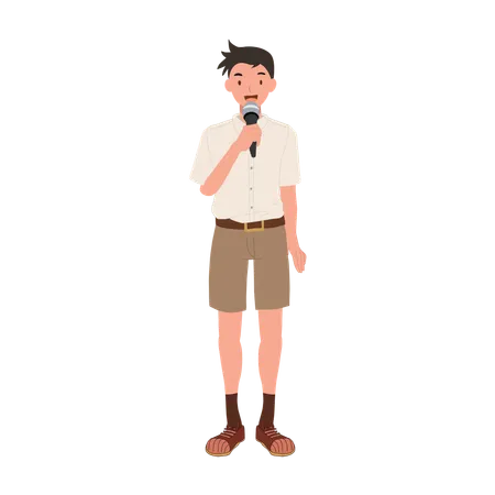 School Speech And Presentation Concept Confident Thai Student In School Uniform Speaking With Microphone Illustration