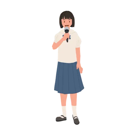 Confident Thai student in School Uniform Speaking with Microphone  Illustration