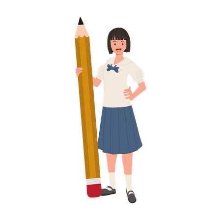 Confident Thai Student in Uniform with Big Pencil  イラスト